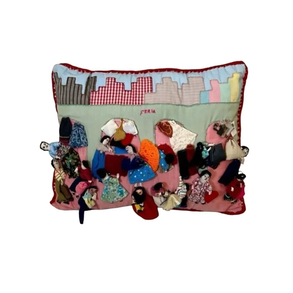 Vintage Peruvian Arpillera Feria 3D Folk Art Handmade Tapestry Pillow Crochet
